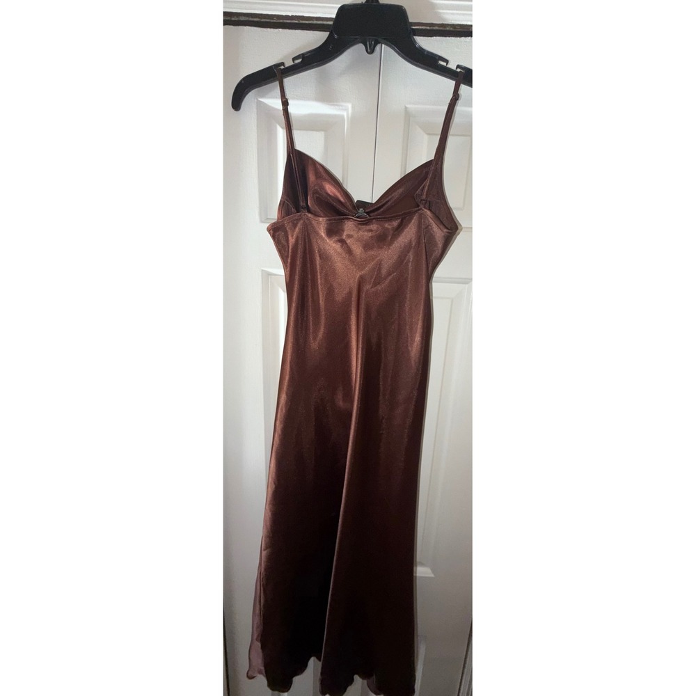 Bebe Women Brown Satin Cowl Neck Ruched Midi Dress - Picture 3 of 8